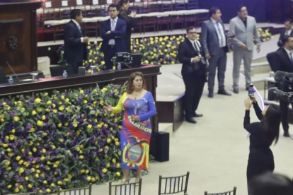 Gloria Barros llegó a la Asamblea Nacional con un vestido inspirado en la bandera de Ecuador previo al Informe a la Nación de Daniel Noboa.