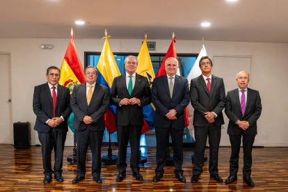El secretario general de la Comunidad Andina, Gonzalo Gutiérrez Reinel, intervino durante la ceremonia por los 57 años de la firma del Acuerdo de Cartagena, en Lima.