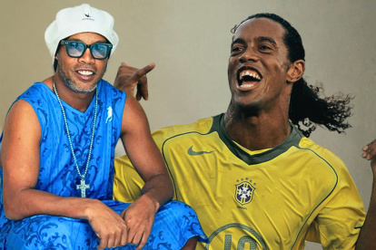 Ronaldinho posa con camiseta azul y gorra blanca para promocionar su álbum Camisa 10.