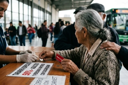 Imagen simbólica de una adulta mayor comprando boletos con el descuento.