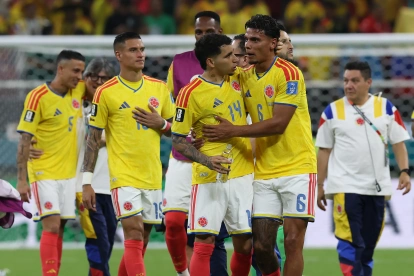 Jugadores de Colombia celebran la victoria ante Congo en el estadio Akron en Guadalajara (México).