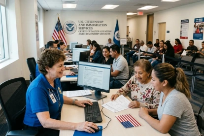 Personas cumplen trámites en el Servicio de Ciudadanía e Inmigración de Estados Unidos (USCIS).