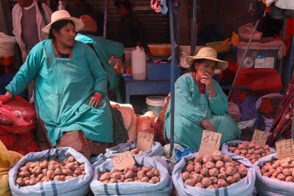 Personas ofreciendo sus productos en un mercado en La Paz (Bolivia).