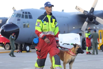 Aquí tienes un pie de foto breve, objetivo y neutral que complementa el contexto:

Un bombero camina con un perro de rescate en la pista de Latacunga antes de viajar a Venezuela este jueves.