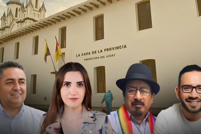 Referencial.Imagen de los precandidatos a la Prefectura del Azuay, frente a la sede institucional, rumbo a las elecciones seccionales de 2026.