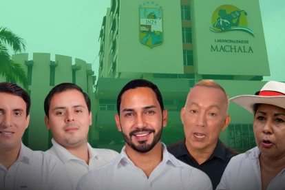 Imagen de los precandidatos a la Alcaldía de Machala, frente a la sede municipal, en el inicio de la contienda rumbo a las elecciones seccionales de 2026.