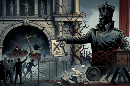 Representación simbólica de cómo los marcos constitucionales y la separación de poderes pueden verse cooptados desde el propio sistema democrático.