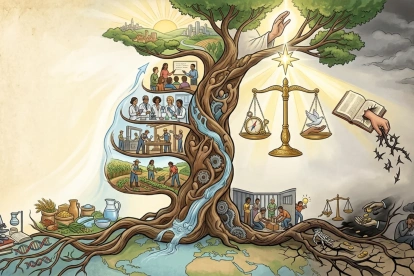 Una representación alegórica de cómo la ciencia, la educación, el trabajo y la justicia nutren el desarrollo y el bien común