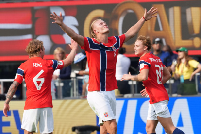 Erling Haaland celebra un gol por los octavos de final del Mundial de la FIFA 2026 entre Brasil y Noruega en el estadio MetLife en Nueva Jersey (Estados Unidos). EFE/ Angel Colmenares