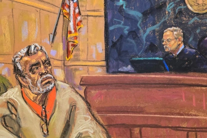 Dibujo de Jane Rosenberg del juez Brian Cogan frente a Ismael ‘el Mayo’ Zambada en el Tribunal Federal de Brooklyn, Nueva York.
