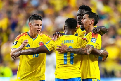 La selección de Colombia festeja un gol durante su participación en el Mundial 2026.