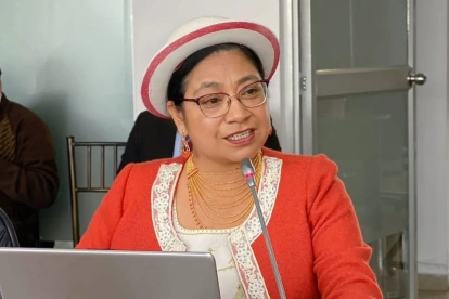 Mariana Yumbay habla despues de la sesión de la Comisión de Educación