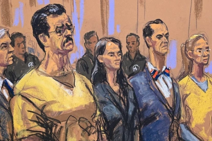 Dibujo realizado por Jane Rosenberg donde aparecen el expresidente de Venezuela, Nicolás Maduro, y Cilia Flores asistiendo a una audiencia en Nueva York (Estados Unidos).