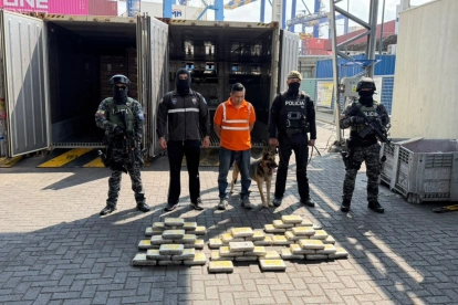 Agentes policiales inspeccionan un contenedor en el puerto de Guayaquil, donde se hallaron 50 bloques de cocaína ocultos entre la carga de fruta.
