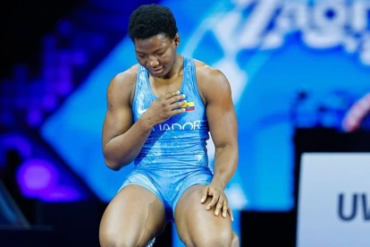 Génesis Reasco durante su participación en el Mundial de Lucha 2025, en Zagreb, Croacia.