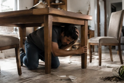 Una persona se protege bajo una mesa durante un sismo, siguiendo las recomendaciones básicas de seguridad.
