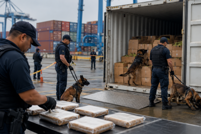 Policías inspeccionan un contenedor en el puerto de Guayaquil, donde hallaron 1,2 toneladas de cocaína ocultas en cargamentos de banano con destino a España.