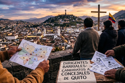 Una imagen representativa, generada con IA, sobre dirigentes barriales que son candidatos a concejales en Quito.