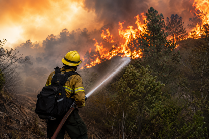 Bombero combate un incendio forestal mientras las llamas avanzan entre la vegetación.