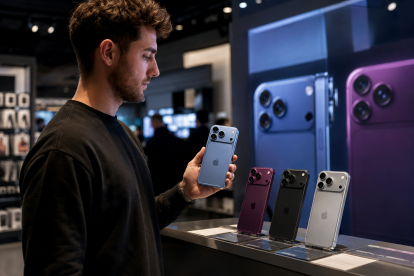 Una persona sostiene uno de los nuevos modelos de iPhone mientras observa otros dispositivos exhibidos en una tienda de tecnología.