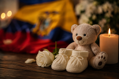 Un osito, unos zapatitos de bebé y una vela encendida simbolizan el duelo perinatal y la memoria de una vida que no llegó a nacer.