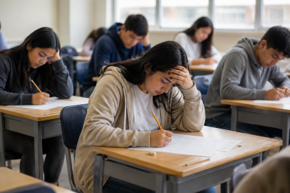 Estudiantes rinden una evaluación en un aula, en medio del debate sobre los bajos puntajes de ingreso a la universidad y la calidad de la educación en Ecuador.