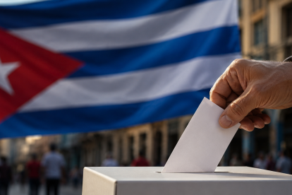 Una persona deposita su voto en una urna, con la bandera de Cuba de fondo, en una representación sobre el debate en torno al sistema electoral de la isla.
