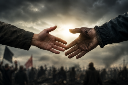 Dos manos intentan encontrarse en medio de un escenario de tensión y división, como símbolo de la humanidad que debería prevalecer sobre las diferencias políticas.