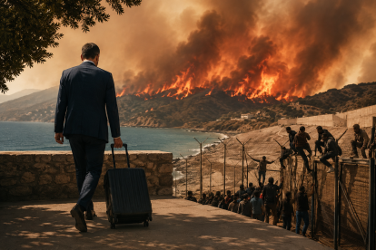 Una escena simbólica representa los incendios en España, la crisis migratoria y el debate sobre la gestión y el desgaste del Gobierno de Pedro Sánchez.