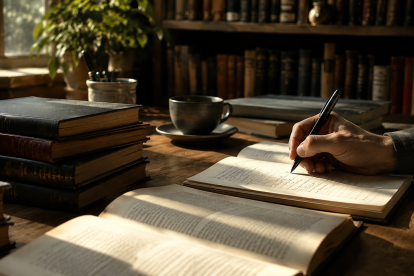 Una mano escribe junto a libros abiertos, una imagen que evoca el valor del pensamiento, la reflexión y las enseñanzas que trascienden la mera transmisión de información.