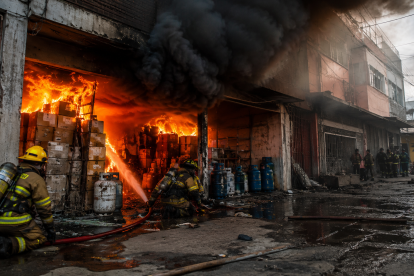 Bomberos enfrentan un incendio en una zona urbana, un escenario que evidencia los riesgos asociados al almacenamiento irregular de materiales inflamables en bodegas clandestinas.