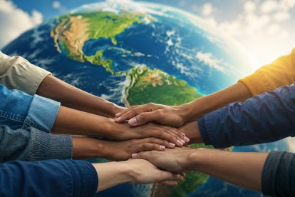 Manos unidas frente al continente americano simbolizan la cooperación, la solidaridad y la integración entre los pueblos de América.