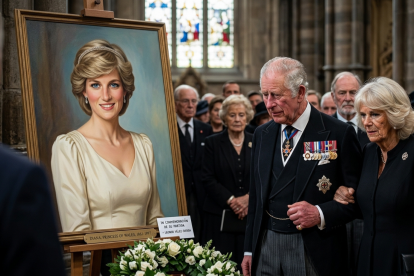 El contraste del tiempo: la imagen de Lady Di permanece intacta y joven en el recuerdo, mientras la monarquía actual avanza marcada por los años.