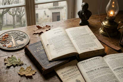 'El ser y el tiempo' de Martin Heidegger, rodeado de símbolos del tiempo y la reflexión, se erige como un recordatorio del misterio de la existencia humana.