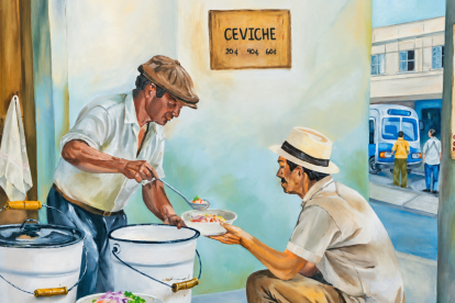 La venta de platos típicos como el ceviche, en las calles de Guayaquil, se recoge en la exposición pictórica.