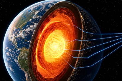 Una representación del interior de la Tierra muestra ondas sísmicas atravesando el manto y llegando hacia el núcleo, una técnica que permitió identificar posibles estructuras ocultas a gran profundidad.