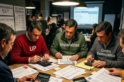 Imagen creada con IA, para simbolizar a dirigentes políticos calculando cuántos votos podrían obtener para evitar salir del registro electoral.