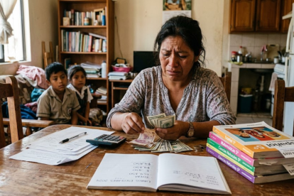 Imagen creada con IA para graficar la preocupación de una madre, que cuenta dinero para comprar textos.