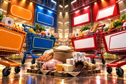 Un carrito con víveres básicos ilustra la competencia entre distintos formatos de tiendas de descuento y proximidad, donde el ahorro depende no solo del precio visible, sino también del tamaño y rendimiento de los productos.