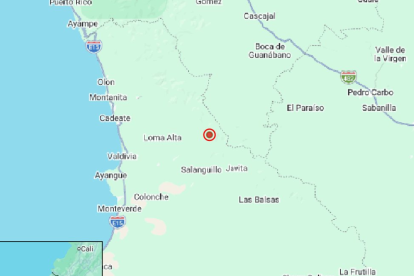 El mapa muestra la ubicación del sismo de magnitud 3,9 registrado cerca de Santa Elena, Ecuador, este 17 de septiembre de 2026.