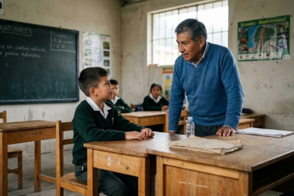 Foto referencial, generada con IA, para graficar a un profesor y un estudiante.