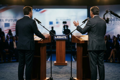 Imagen, generada con IA, para graficar un debate entre candidatos, para las elecciones seccionales.