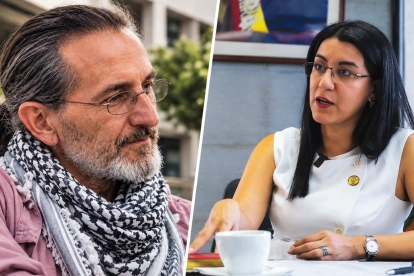 Santiago Rosano es el profesor que participó de las protestas. Gilda Alcívar es la ministra de Educación.