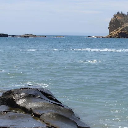 Formaciones rocosas en la costa, mientras la vida marina enfrenta riesgos por el aumento de la temperatura del océano.