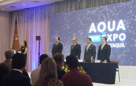 Inicio de la ceremonia inaugural del Aqua Expo 2019 con la presencia del Ministro del Ambiente, Raúl Ledesma; el Viceministro de Pesca y Acuacultura, Roberto Viteri; el Presidente del Directorio de la Cámara Nacional de Acuacultura, Carlos Miranda y el Pd