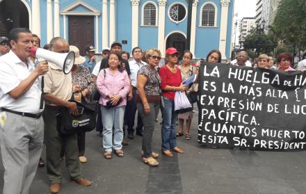 Este lunes, profesores jubilados del Guayas se reunieron en la Plaza San Francisco, donde anunciaron que se sumarán a las huelgas de hambre de los docentes de Quito.
