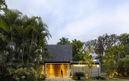La vivienda está rodeada de palmeras y árboles frutales.