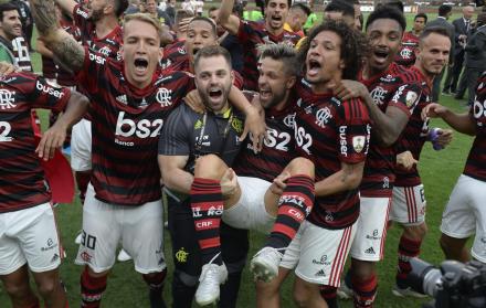 Jugadores del Flamengo celebran la victoria en la Copa Libertadores 2019.