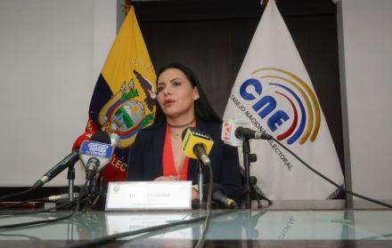 Diana Atamaint, presidenta del CNE, durante la rueda de prensa sobre el caso Arroz Verde, este viernes 7 de junio.