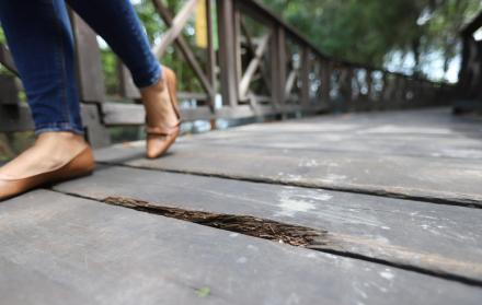 Sendero. En el sendero hay tablas con daños. 